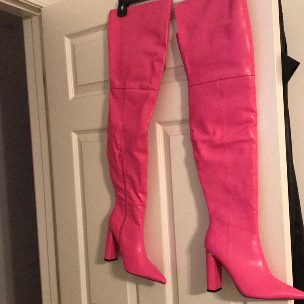 Vibrant Pink Over the Knee Boots with Block Heel